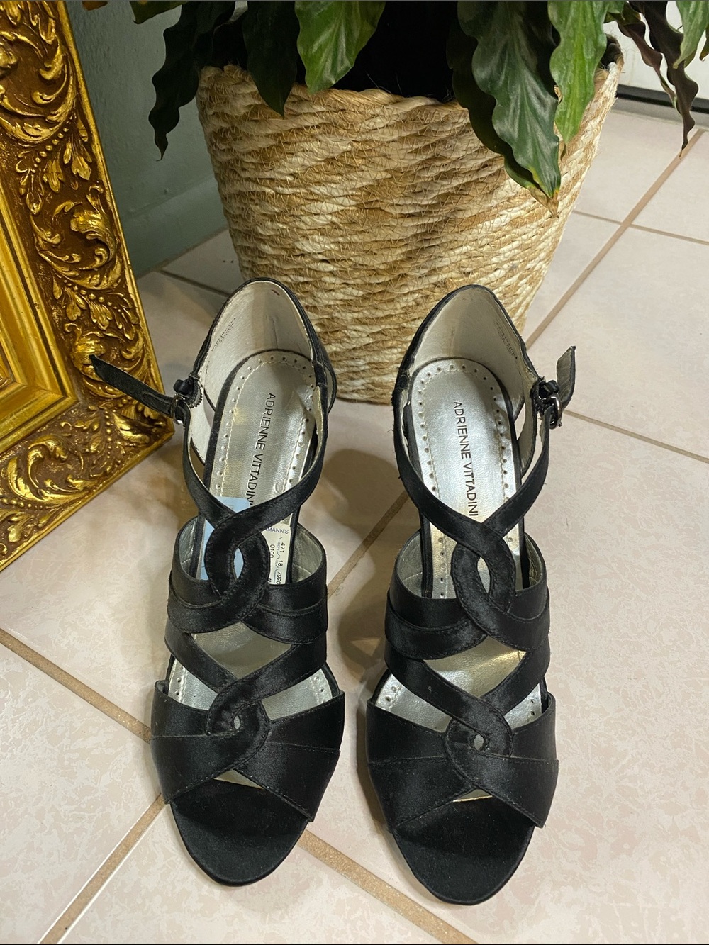 Adrienne Vittadini Black Satin Crisscross Ankle-Strap Heels